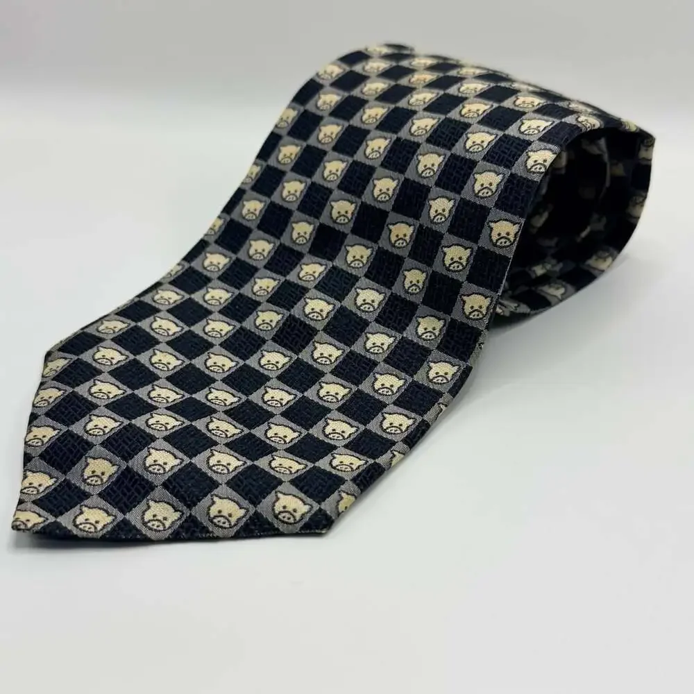 Naf Naf 100% Silk Black and Gray Checkered Pig Print Neck Tie